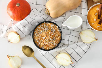 Concept of Autumn vibe food, Pumpkin porridge, top view