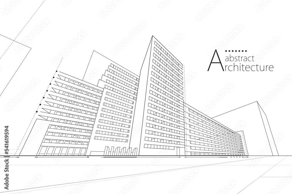 Poster 3D illustration abstract modern urban building out-line black and white drawing of imagination architecture building construction perspective design. 