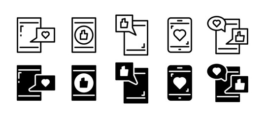 smartphone with like and heart emoji icon set. Social network and mobile device concept. vector illustration in line and solid style