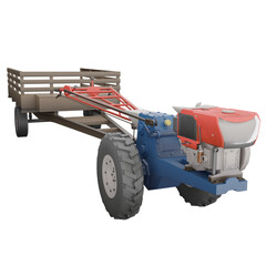 3D render thailand tractor hand control and trailer right side and front to rear view. png illustration. - obrazy, fototapety, plakaty