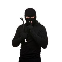 Thief in mask with crowbar on white background