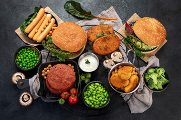 Variety of plant based meat, food.