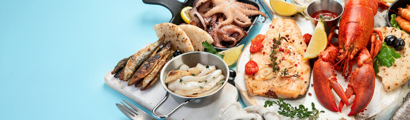 Various seafood and fishes dishes