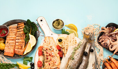 Various seafood and fishes dishes