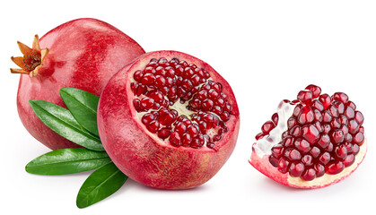 Pomegranate Clipping Path. Ripe whole pomegranate with green leaf and half isolated on white...
