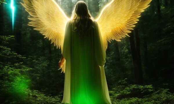 portrait of fantasy glowing female angel fairy with wings walking in forest