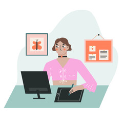 Woman drawing on graphics tablet. The concept of freelancing and remote work. Vector illustration