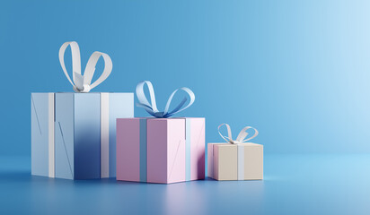 Pastel colored gift boxes with ribbon on blue background with copy space.