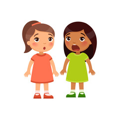 Two little girls opened their mouths in surprise. Concept of unexpected news or events. Illustration for shocking emotion.