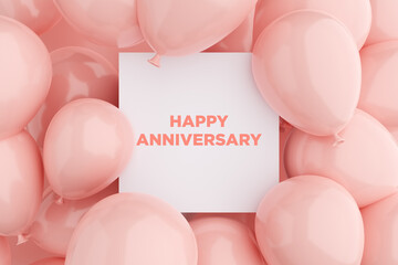 White sign frame with the message HAPPY ANNIVERSARY surrounded with pink air balloons. Anniversary greeting celebration