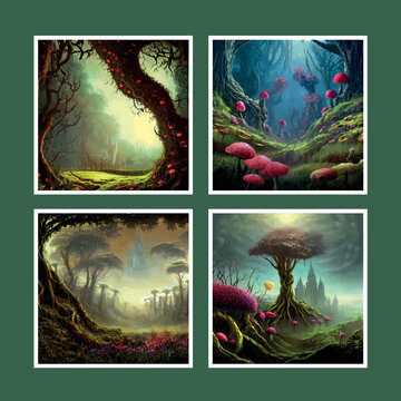 set of surreal mushroom landscape, fantasy wonderland landscape with mushrooms moon. vector illustration. Dreamy fantasy mushrooms magical forest. illustration book cover. Amazing nature landscape