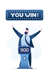 Quiz game. Lucky quiz participant winning. Happy man stands behind a game stand. Winning a competition or TV program. Smart male player answered all questions on tv show.