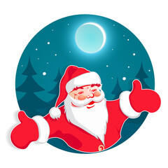 Christmas blue round sign with Christmas trees and patterned Santa Claus with arms extended.