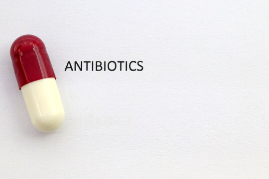 An antimicrobial pill next to the printed word "antibiotic"