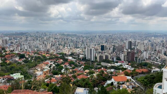 Belo Horizonte panorama from Mangabeiras Viewpoint, vast cityscape with Dark Clouds, Brazil