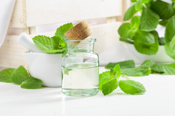 Fresh spearmint leaves and a small bottle with essential mint oil.