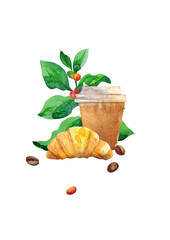 Watercolor illustration. Composition. Coffee with you, a croissant, a sprig of a coffee tree.