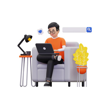 3d Man Doing online browsing with laptop illustration