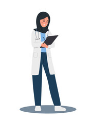 Female doctor writing medical prescription. Arabian woman in hijab holding clipboard with recipe for patient. Healthcare, treatment and pharmacy concept. Vector illustration in flat cartoon style.