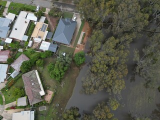 aerial view of Echuca, Australia extreme flooding from the Murray River and Campaspe River