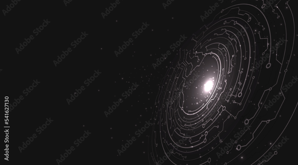 Poster Circuitry dark background with connecting lines and dots. Black hi-tech vector background concept.