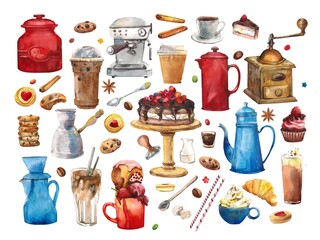 Large coffee watercolor set. Drinks, desserts,cooking utensils, serving dishes,spices,grains,pastries.