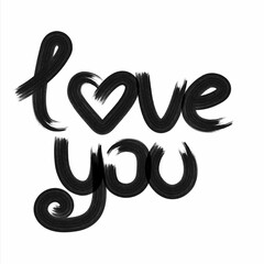 Black brush lettering  love you with heart instead of o letter.