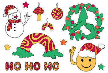 Groovy hippie Christmas stickers with wave pattern: baubles, rainbow, wreath, stars, snowman, smile