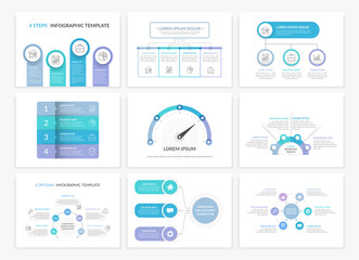 Fototapeta na wymiar Set of 9 infographic presentation templates - process, flowchart, gauge chart, circle diagram