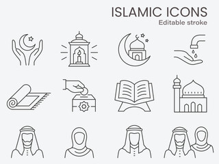 Islamic icons, such as mosque, quran, rug, ramadan and more. Editable stroke.