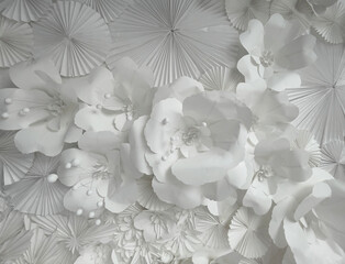 White flowers background and texture. Beautiful white flowers 3D paper art backdrop