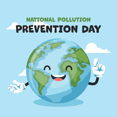Caricature of planet earth with national pollution prevention day text. Poster to raise awareness about caring for the environment