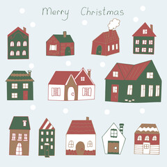 Green and red Christmas houses set vector illustration, hand drawing doodles