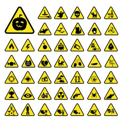 playful and funny scary warning icons and signs, yellow scary triangular warning signs