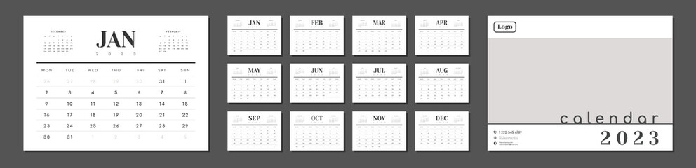 Calendar Layout Design for 2023 and cover with Place for Photo, Company Logo in minimal business style. Vector template of a wall or table simple calendar with week start monday for print.
