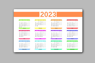 Small and colorful calendar, 2023, credit card size