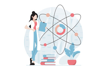 Data science concept with people scene in flat design. Woman scientist is engaged in research of molecules and analyzes datum in laboratory. Vector illustration with character situation for web