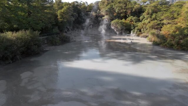 Slow push in above boiling mud pools at Waiotapu, Rotorua, New Zealand