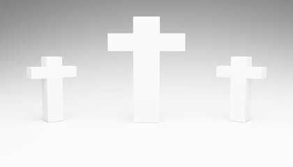 Obraz premium Abstract 3d-rendering of three white crosses as a symbol for a graveyard or death in front of a white background