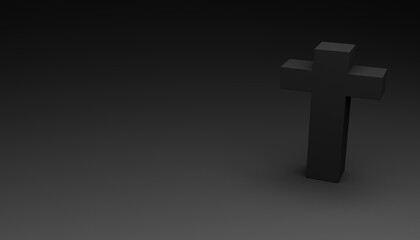 Abstract rendering of a single  black cross in front of a black background as a symbol for death and religion