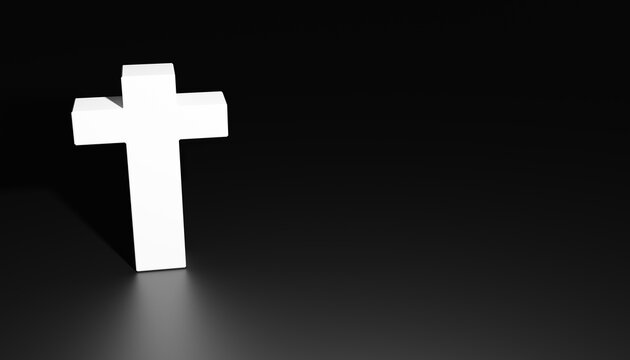 Abstract 3d-rendering of a single white cross in front of a black background 