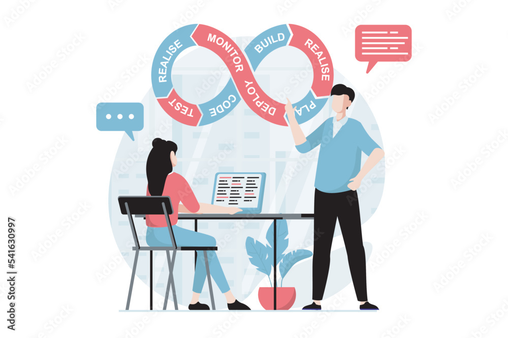 Poster DevOps concept with people scene in flat design. Programmers team working at project, optimizing workflow, automate processes and monitoring. Vector illustration with character situation for web