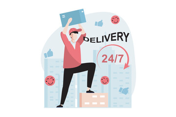 Delivery service concept with people scene in flat design. Man works as courier and carrying parcels to clients, fast and round-the-clock shipping. Vector illustration with character situation for web