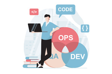 Obraz na płótnie Canvas DevOps concept with people scene in flat design. Man programmer coding, creating software and working at laptop, optimizing workflow in company. Vector illustration with character situation for web