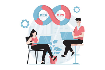 DevOps concept with people scene in flat design. Man and woman programmers coding and creating software, engineering and optimizing workflow. Vector illustration with character situation for web