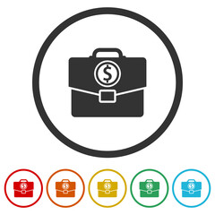 Obraz premium Briefcase and money icon. Set icons in color circle buttons