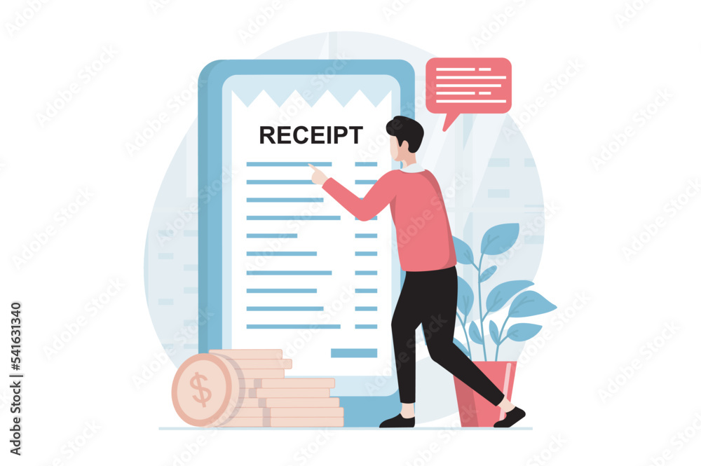 Fototapete electronic receipt concept with people scene in flat design. man receives digital invoice and paying