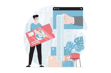 Electronic receipt concept with people scene in flat design. Man making purchases in online shop, ordering delivery and paying using credit card. Vector illustration with character situation for web