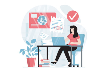 Electronic receipt concept with people scene in flat design. Woman manages invoice, taxes and bills for payment and paying using credit card. Vector illustration with character situation for web