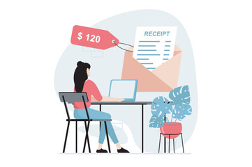 Electronic receipt concept with people scene in flat design. Woman making online shopping and receiving digital invoice, paying using credit card. Vector illustration with character situation for web